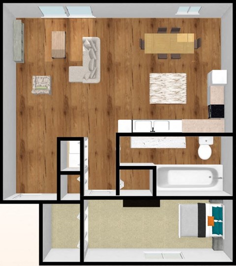 Floor plan for 1 bed, 1 bath, 718 sqft